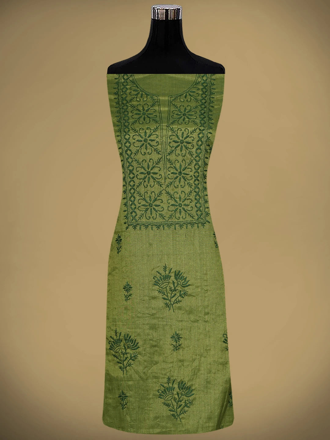 Ada Hand Embroidered Green Tissue Lucknowi Chikankari Unstitched Kurta Dupatta Set 01A946095