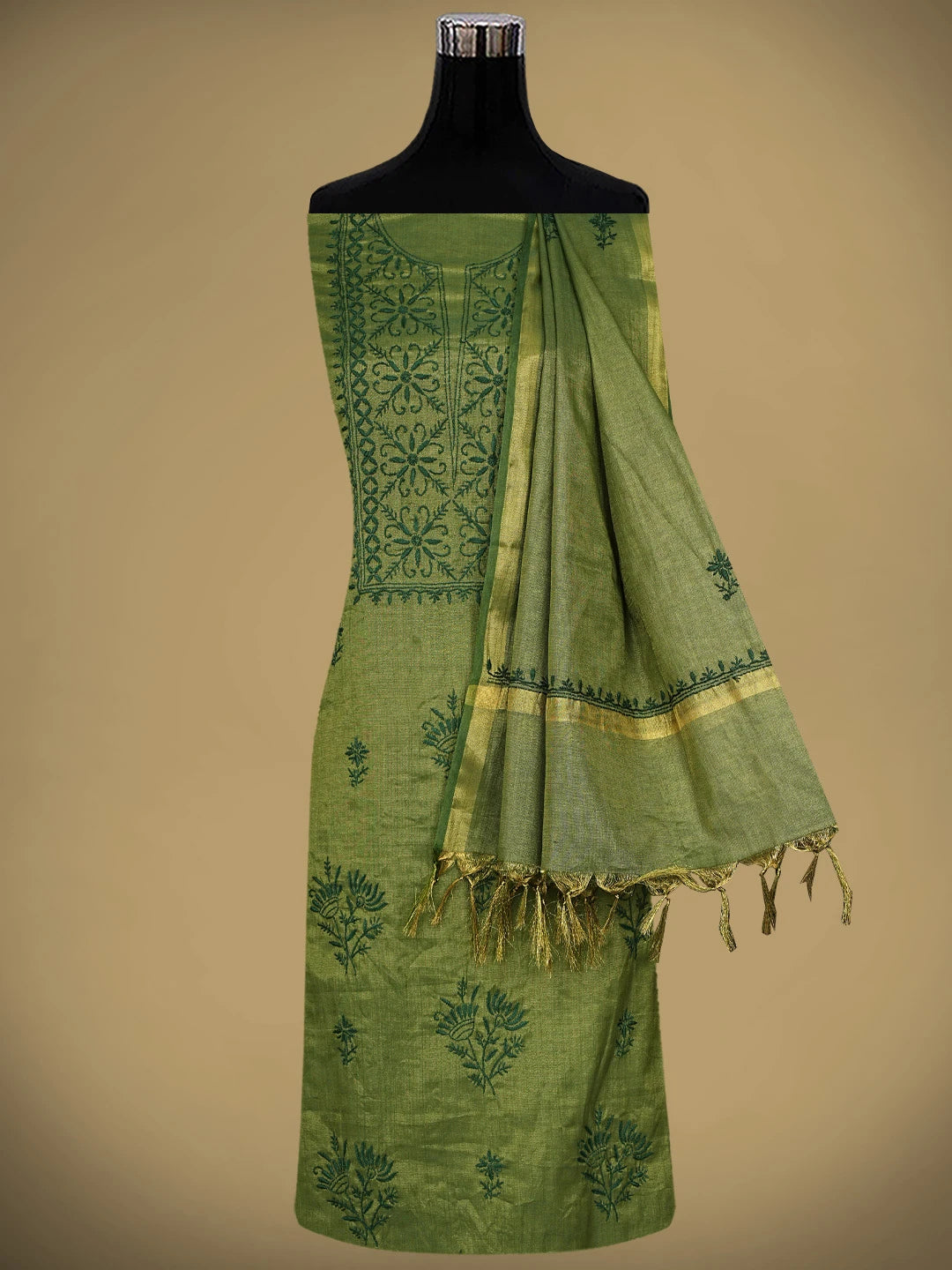Ada Hand Embroidered Green Tissue Lucknowi Chikankari Unstitched Kurta Dupatta Set 01A946095