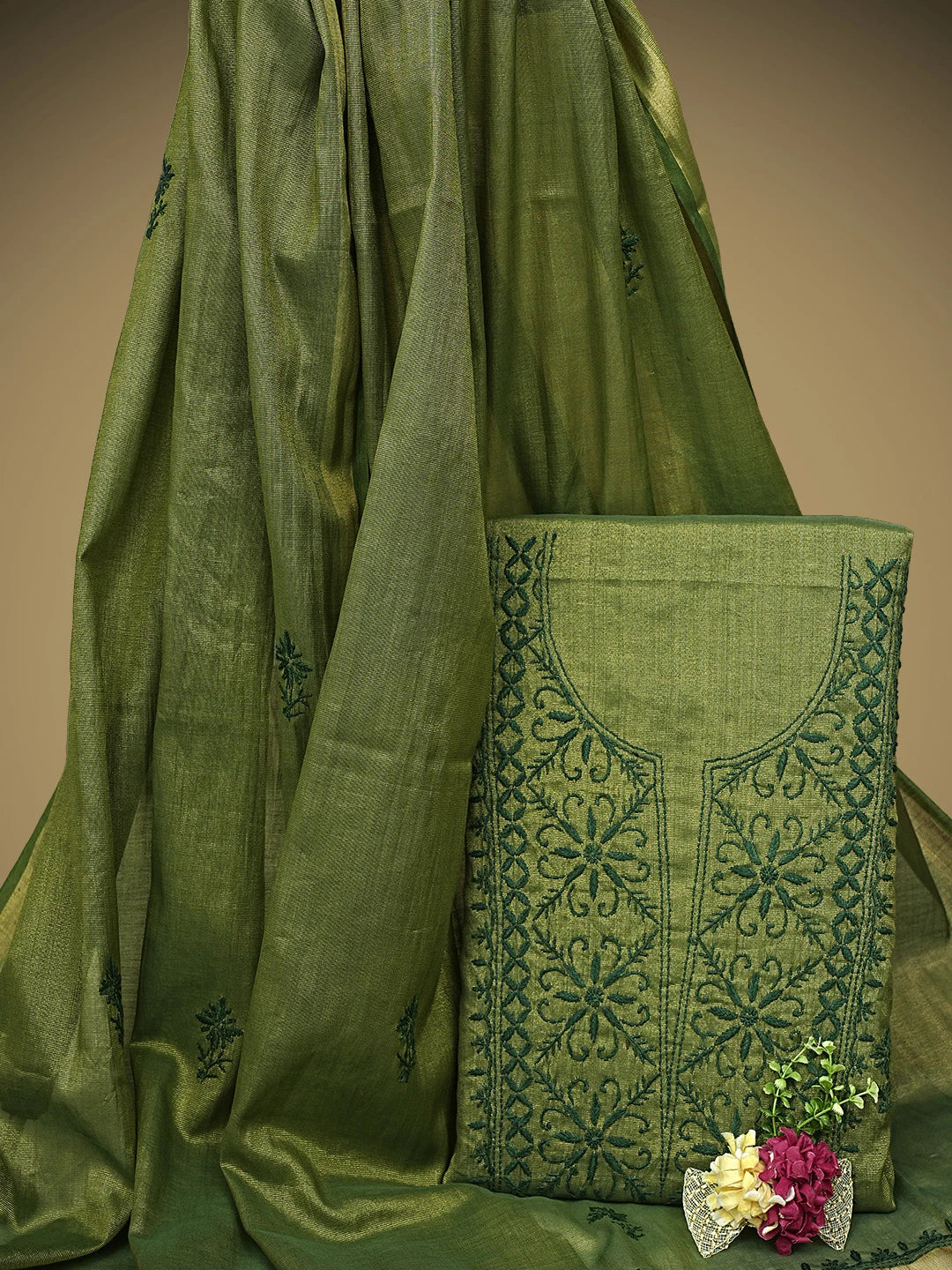Ada Hand Embroidered Green Tissue Lucknowi Chikankari Unstitched Kurta Dupatta Set 01A946095