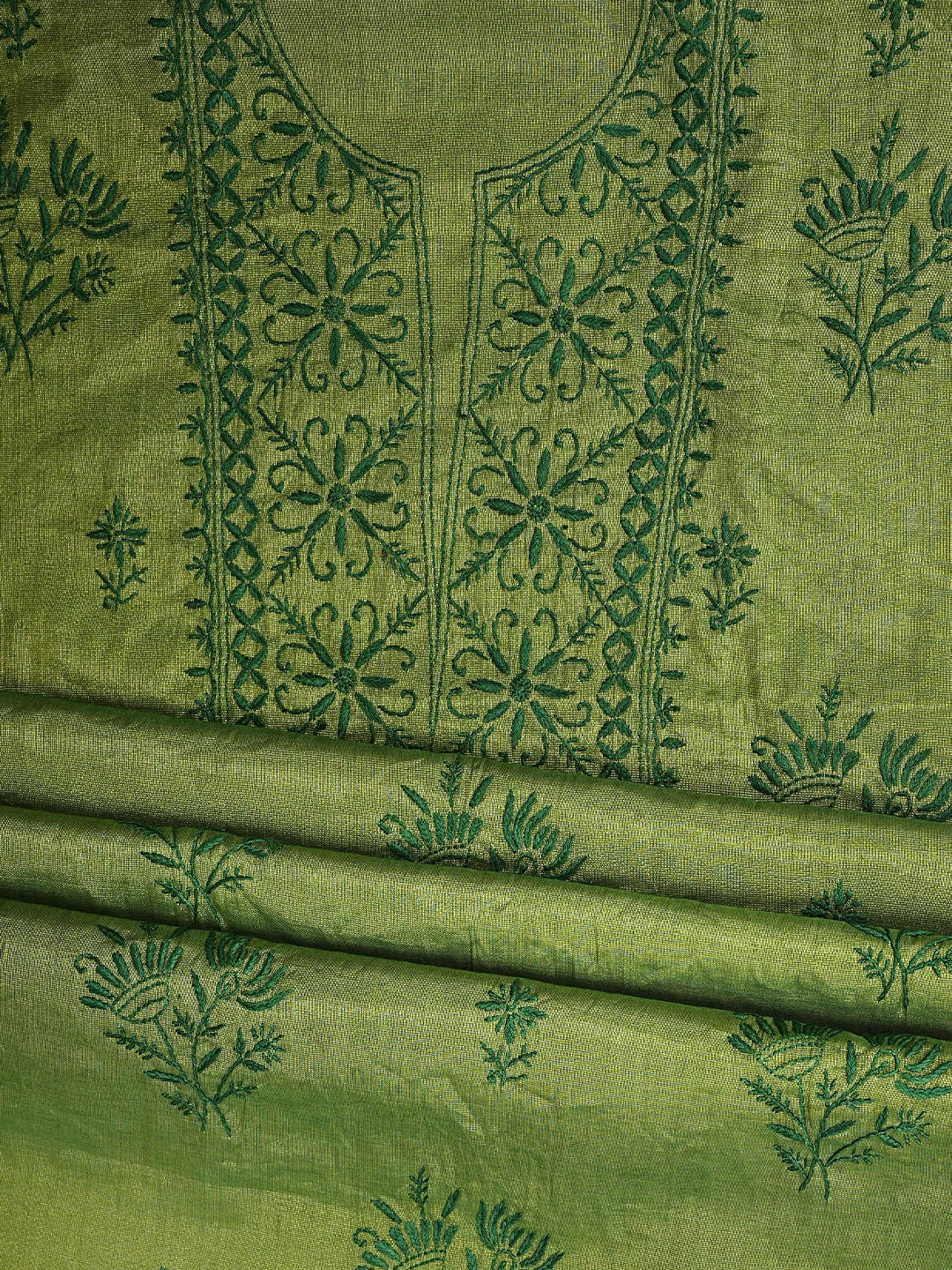 Ada Hand Embroidered Green Tissue Lucknowi Chikankari Unstitched Kurta Dupatta Set 01A946095