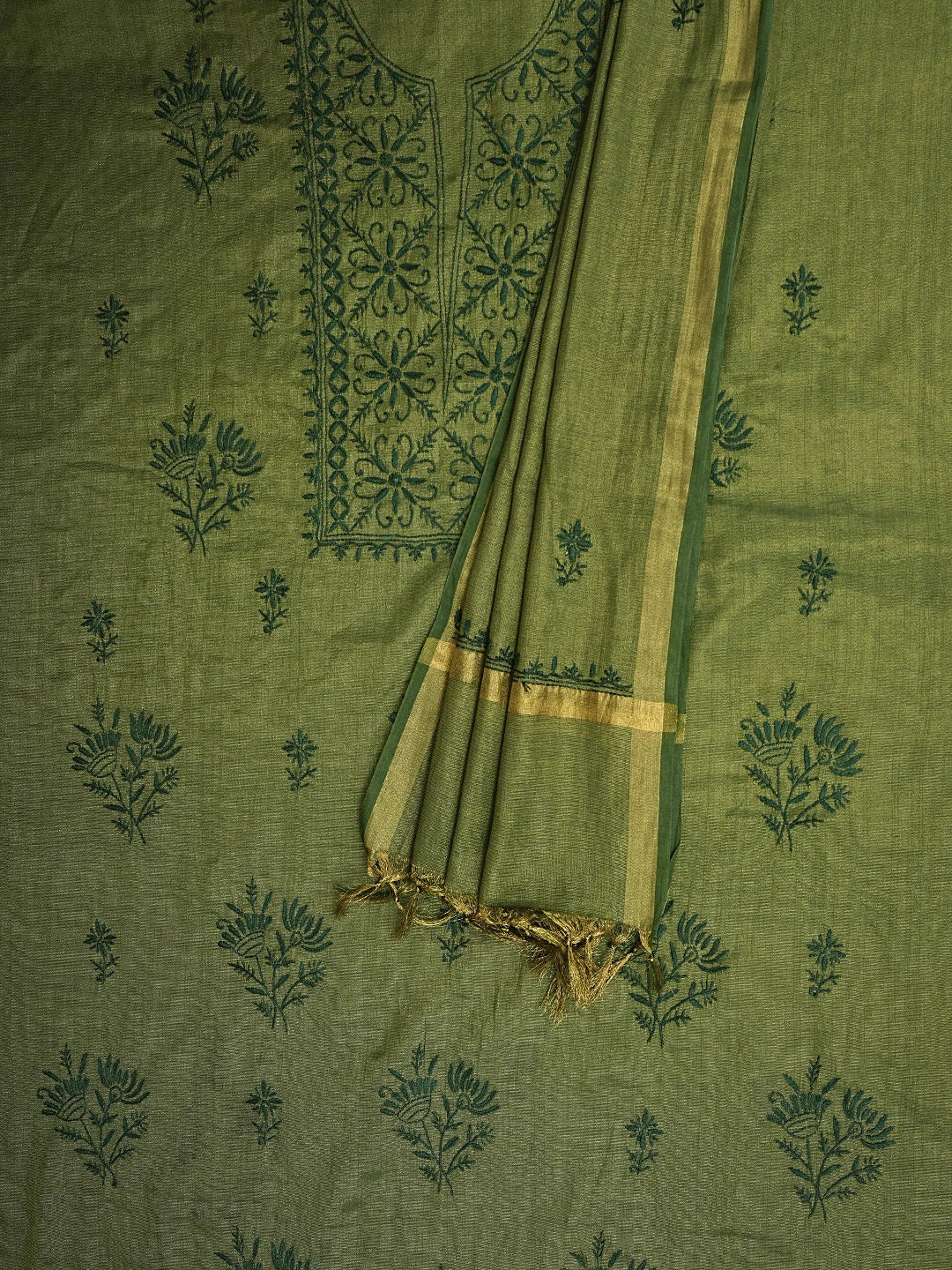 Ada Hand Embroidered Green Tissue Lucknowi Chikankari Unstitched Kurta Dupatta Set 01A946095