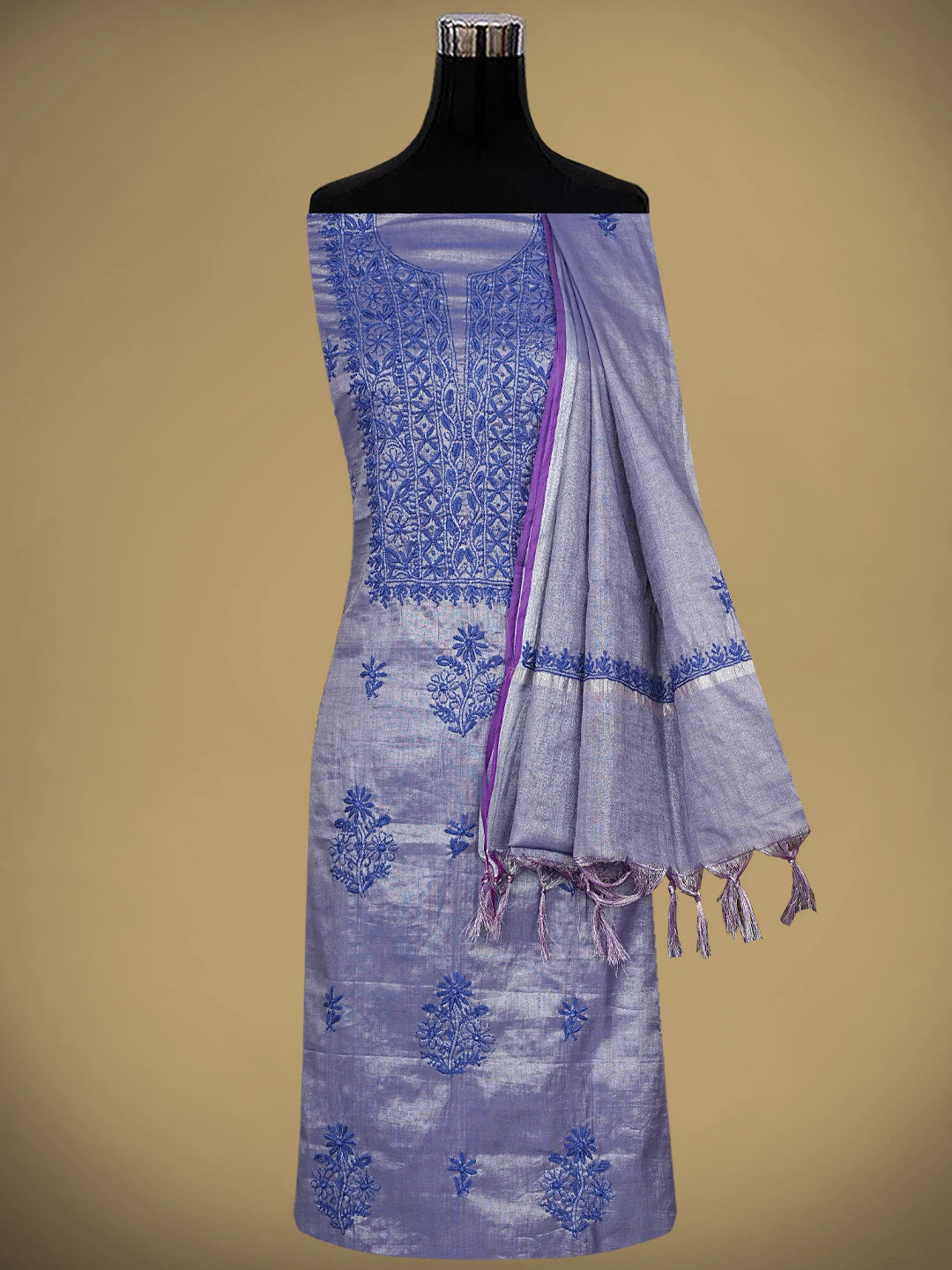 Ada Hand Embroidered Blue Tissue Lucknowi Chikankari Unstitched Kurta Dupatta Set 01A946072