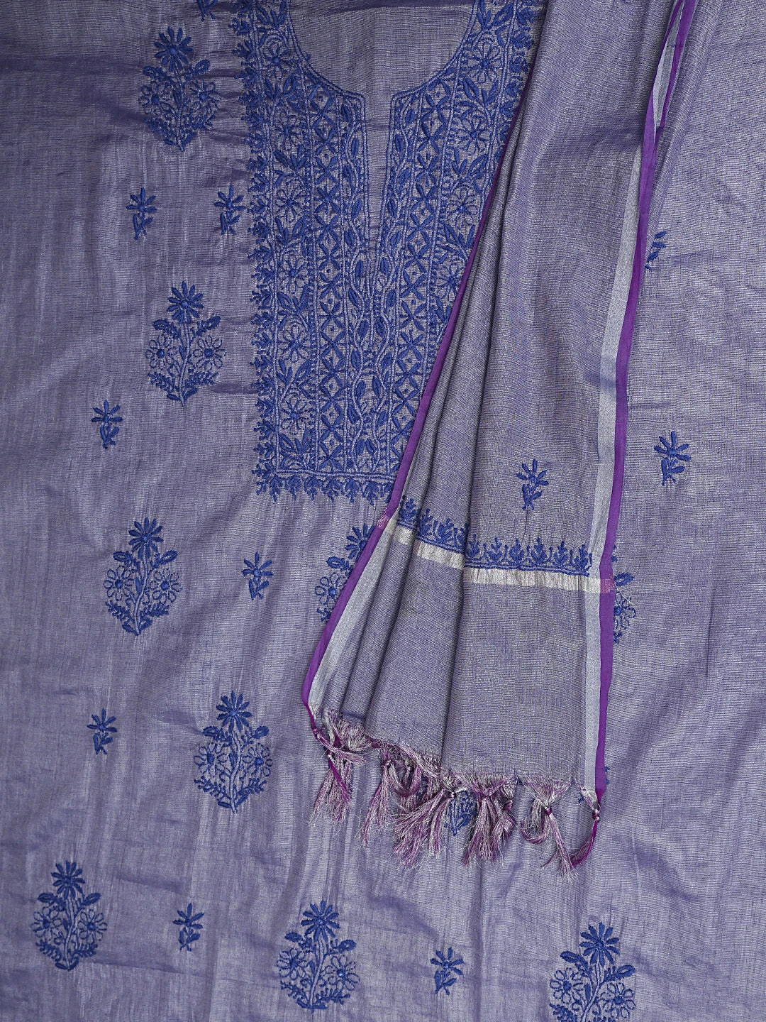 Ada Hand Embroidered Blue Tissue Lucknowi Chikankari Unstitched Kurta Dupatta Set 01A946072