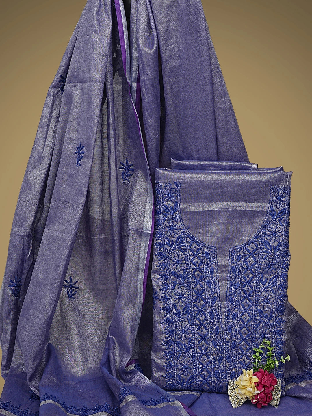 Ada Hand Embroidered Blue Tissue Lucknowi Chikankari Unstitched Kurta Dupatta Set 01A946072