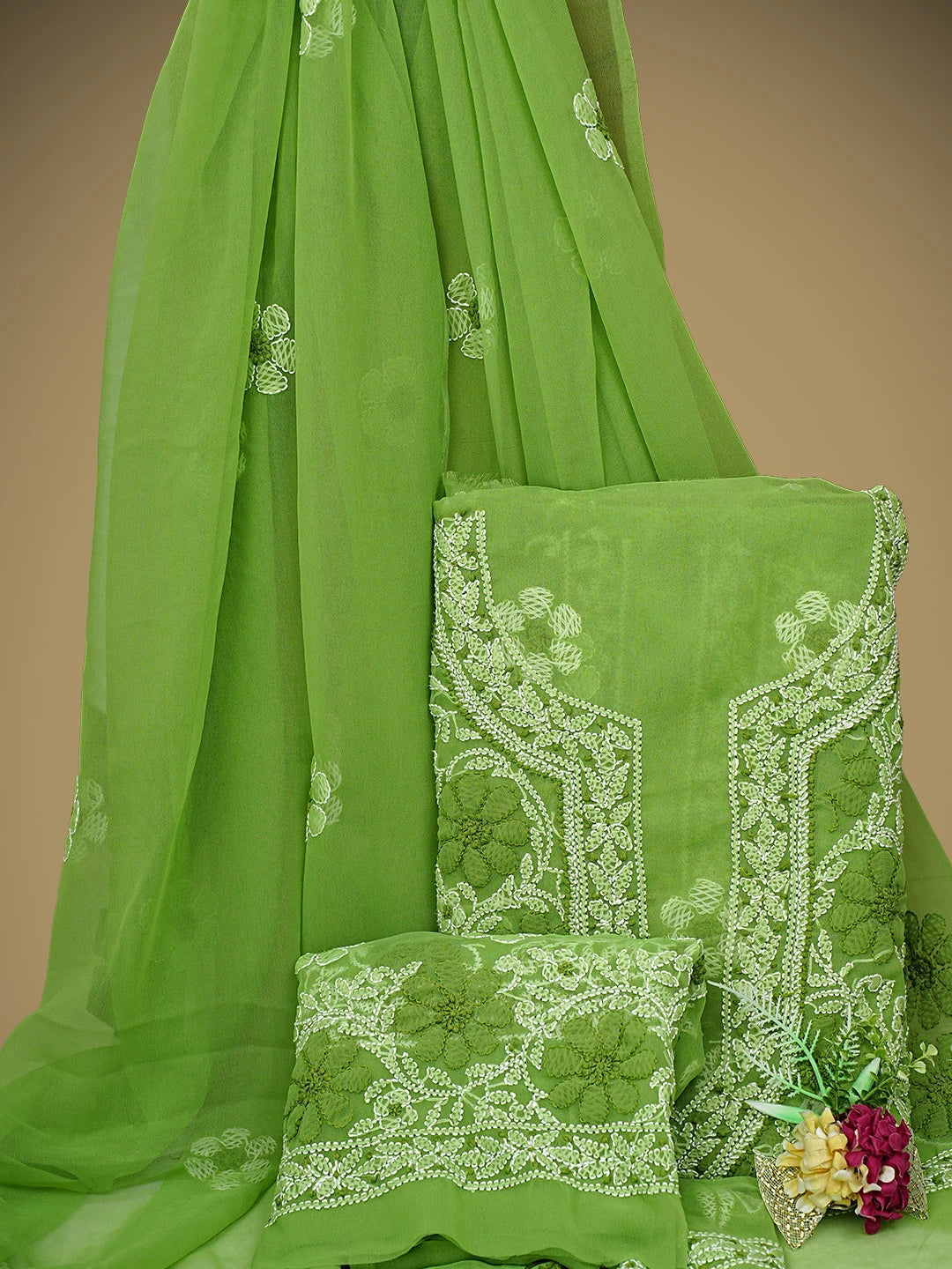Ada Hand Embroidered Green Georgette Lucknowi Chikankari Unstitched Suit Piece 01A696681