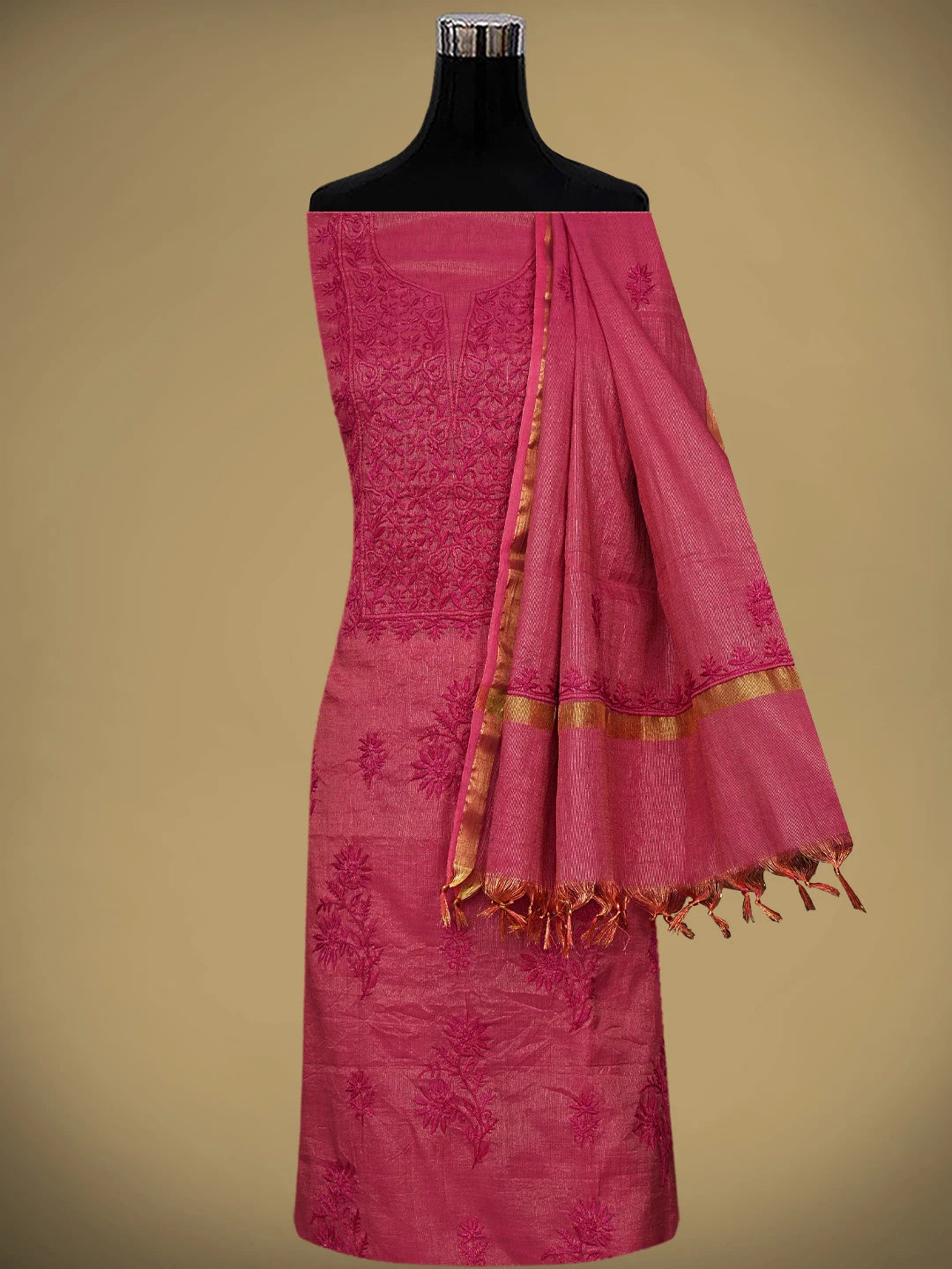 Ada Hand Embroidered Red Tissue Lucknowi Chikankari Unstitched Kurta Dupatta Set 01A946103