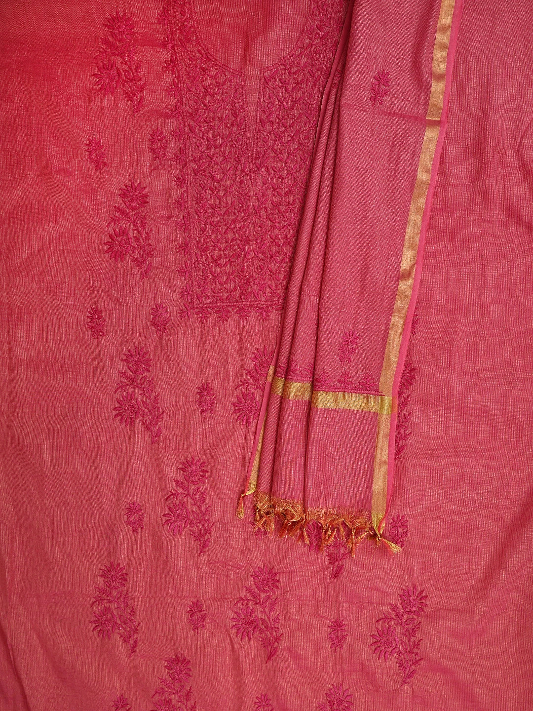 Ada Hand Embroidered Red Tissue Lucknowi Chikankari Unstitched Kurta Dupatta Set 01A946103