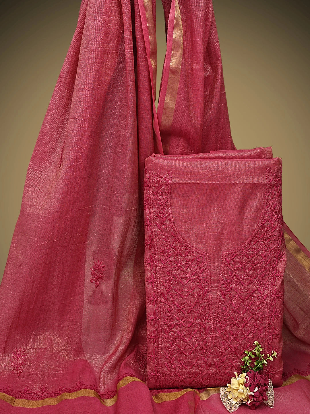 Ada Hand Embroidered Red Tissue Lucknowi Chikankari Unstitched Kurta Dupatta Set 01A946103