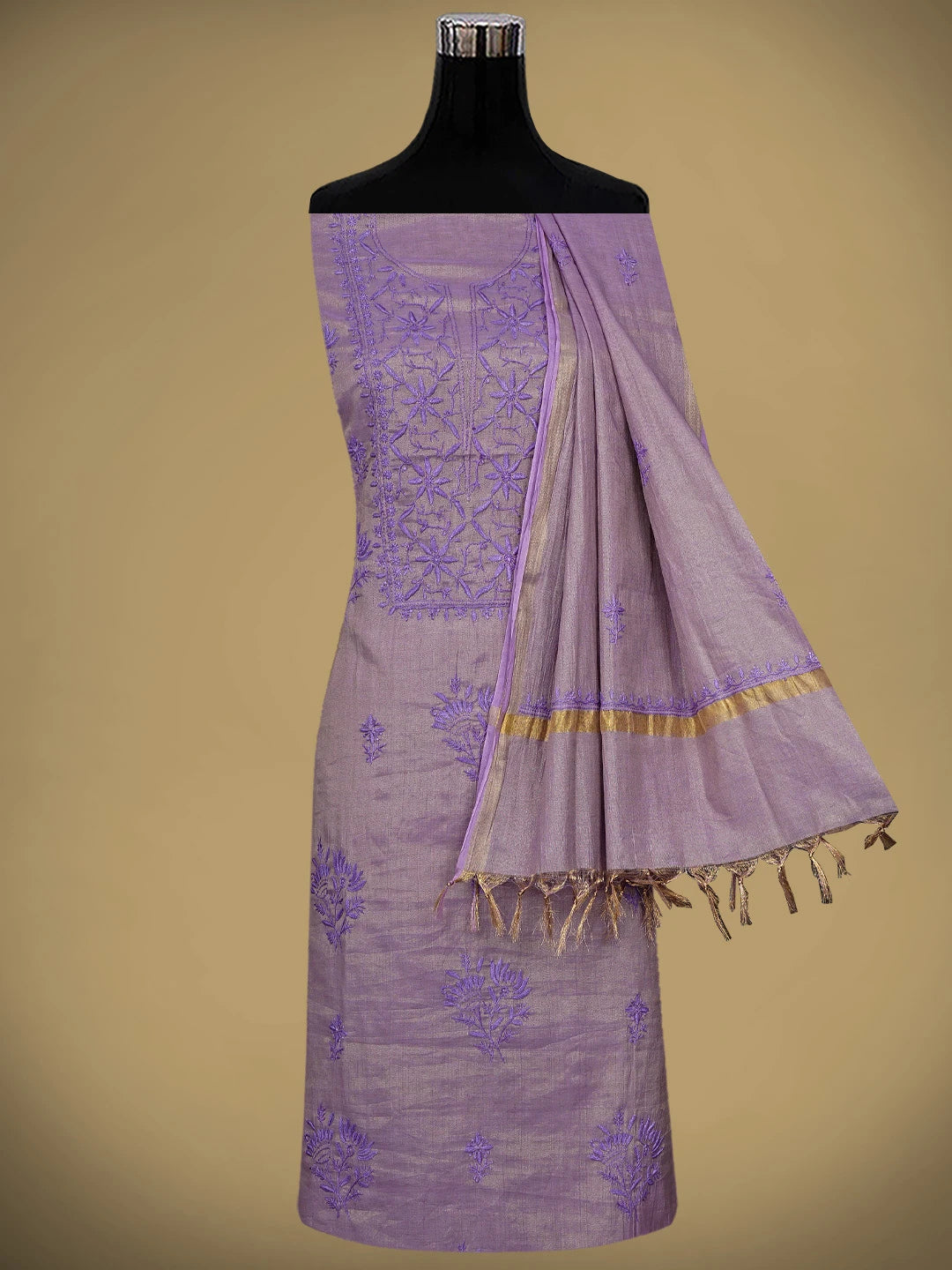 Ada Hand Embroidered Lavender Tissue Lucknowi Chikankari Unstitched Kurta Dupatta Set 01A946087