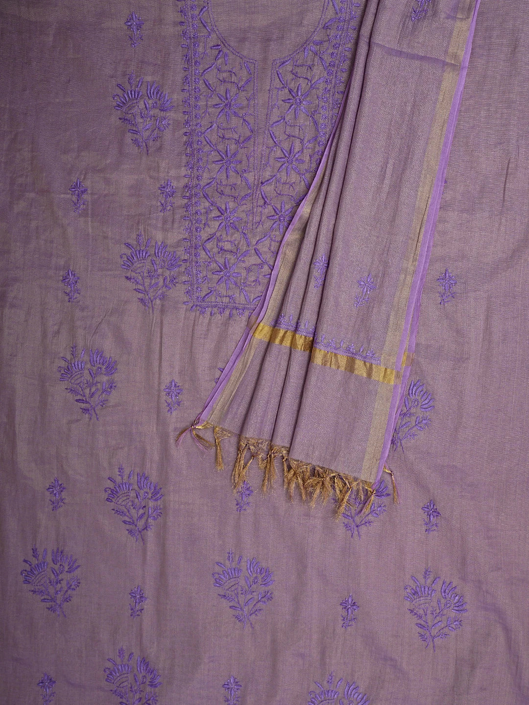 Ada Hand Embroidered Lavender Tissue Lucknowi Chikankari Unstitched Kurta Dupatta Set 01A946087