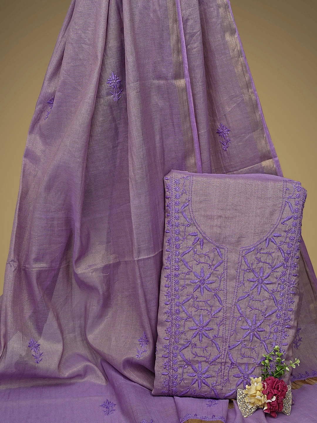 Ada Hand Embroidered Lavender Tissue Lucknowi Chikankari Unstitched Kurta Dupatta Set 01A946087