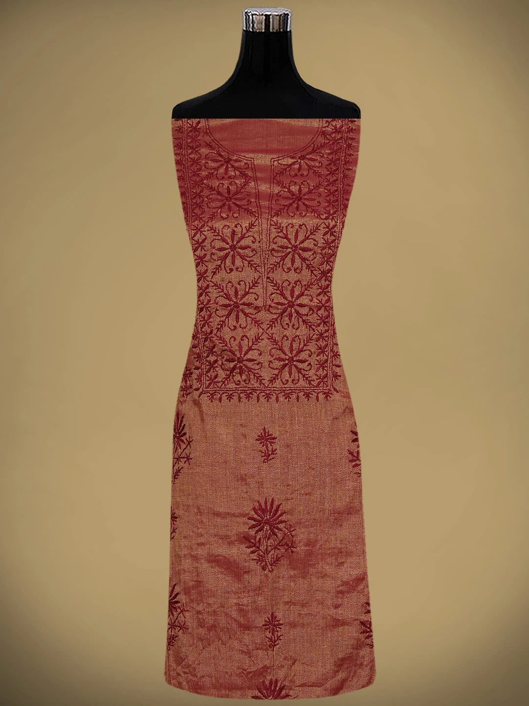 Ada Hand Embroidered Maroon Tissue Lucknowi Chikankari Unstitched Kurta Dupatta Set 01A946092