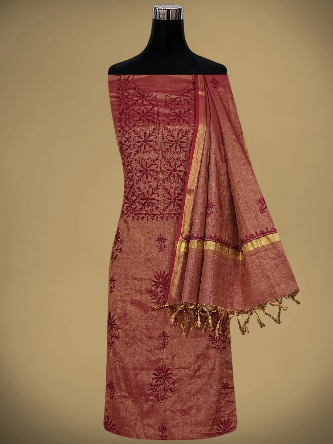 Ada Hand Embroidered Maroon Tissue Lucknowi Chikankari Unstitched Kurta Dupatta Set 01A946092
