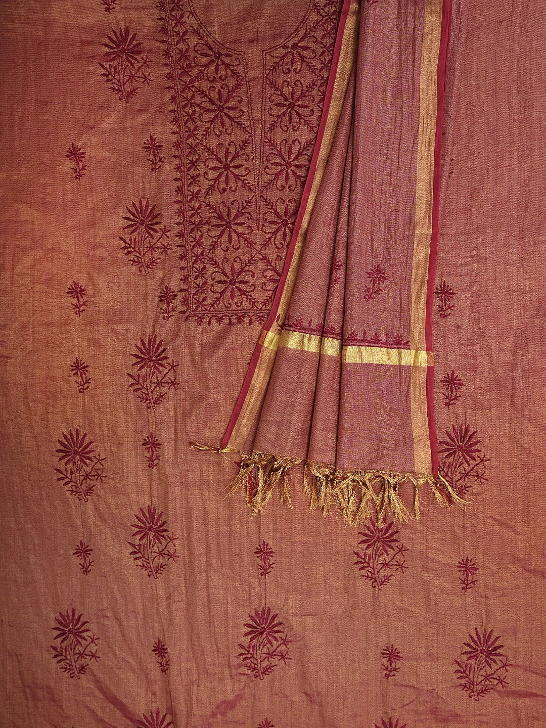 Ada Hand Embroidered Maroon Tissue Lucknowi Chikankari Unstitched Kurta Dupatta Set 01A946092
