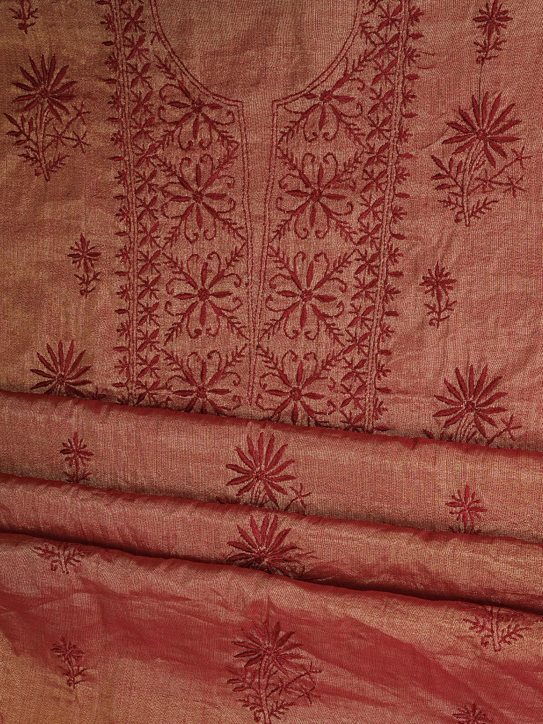 Ada Hand Embroidered Maroon Tissue Lucknowi Chikankari Unstitched Kurta Dupatta Set 01A946092
