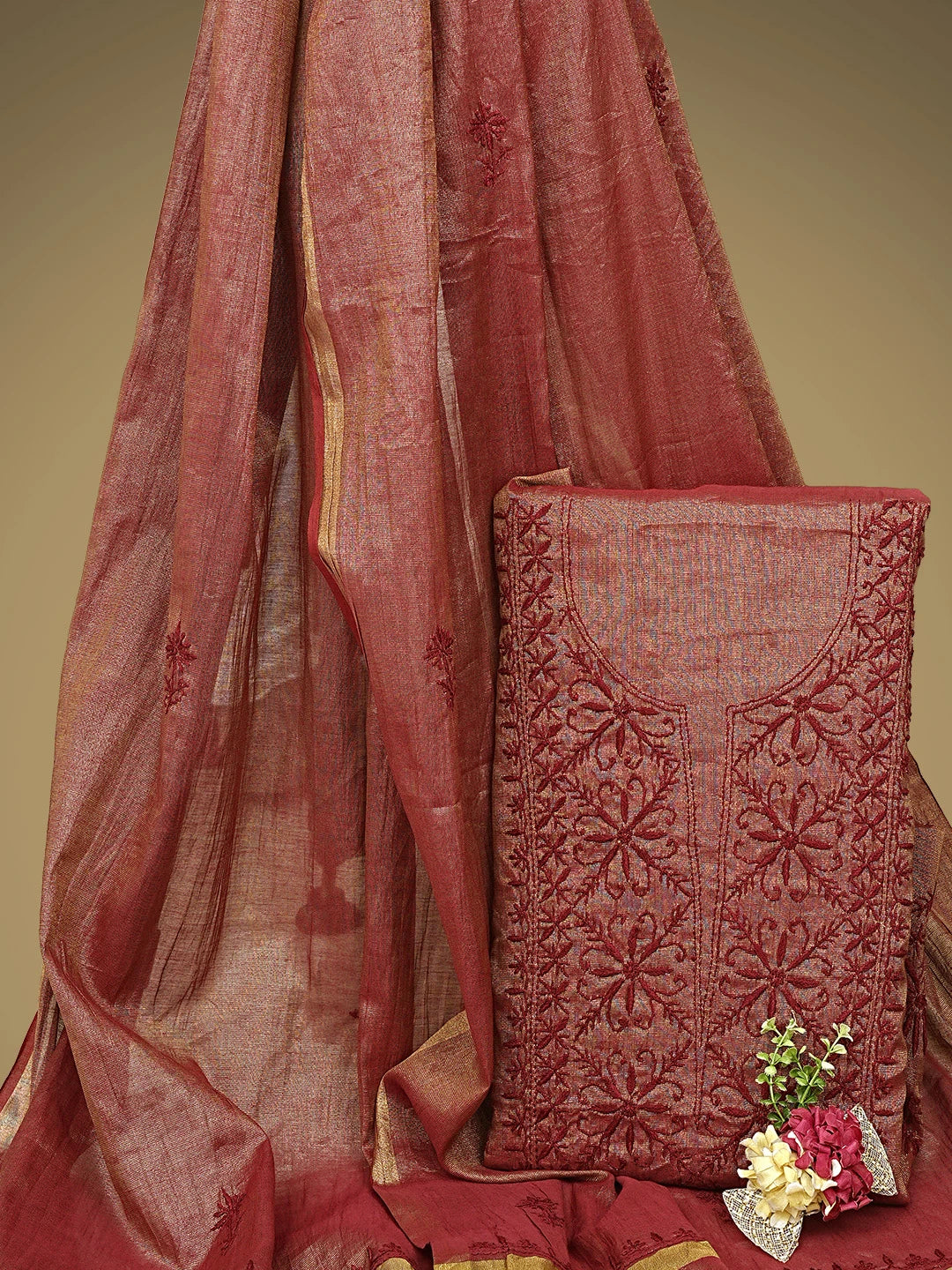 Ada Hand Embroidered Maroon Tissue Lucknowi Chikankari Unstitched Kurta Dupatta Set 01A946092