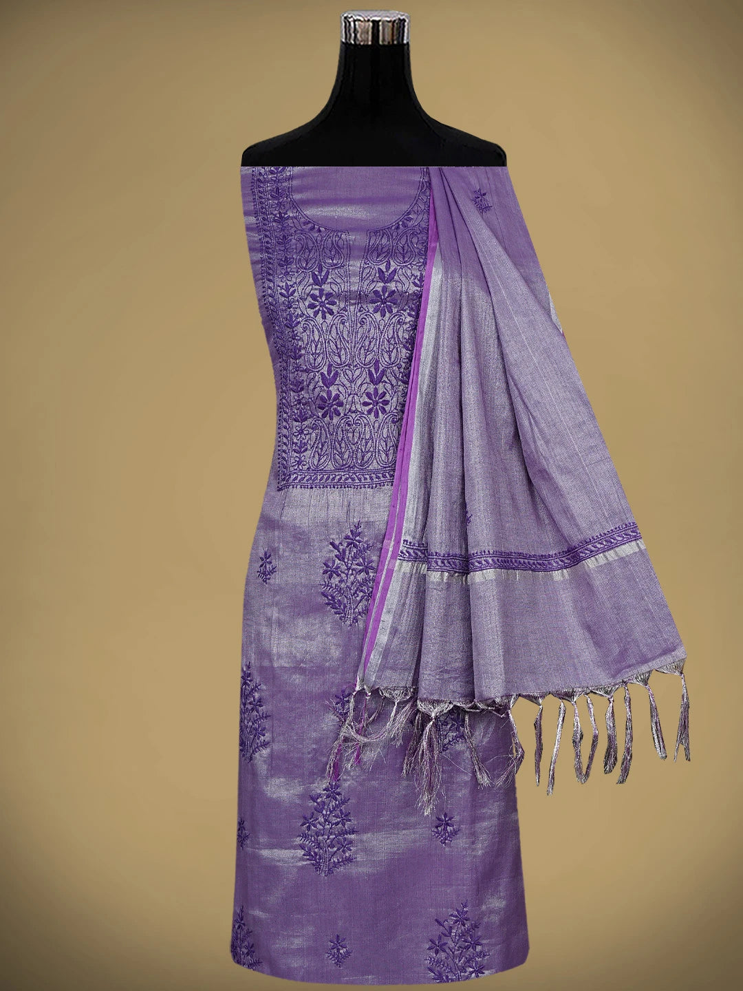 Ada Hand Embroidered Purple Tissue Lucknowi Chikankari Unstitched Kurta Dupatta Set 01A946078