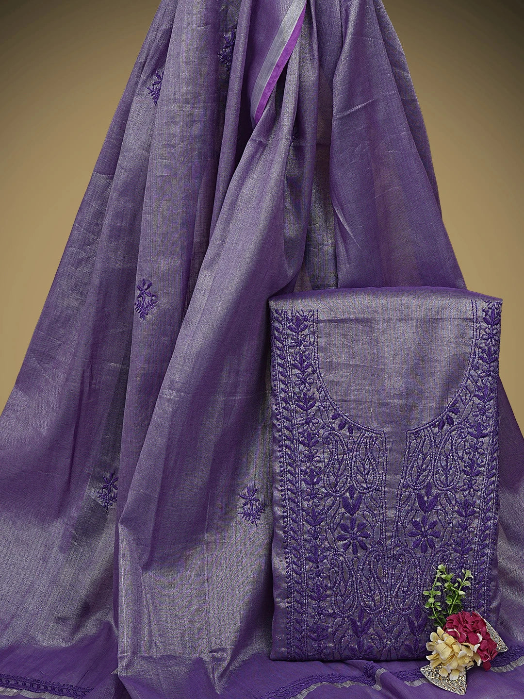Ada Hand Embroidered Purple Tissue Lucknowi Chikankari Unstitched Kurta Dupatta Set 01A946078