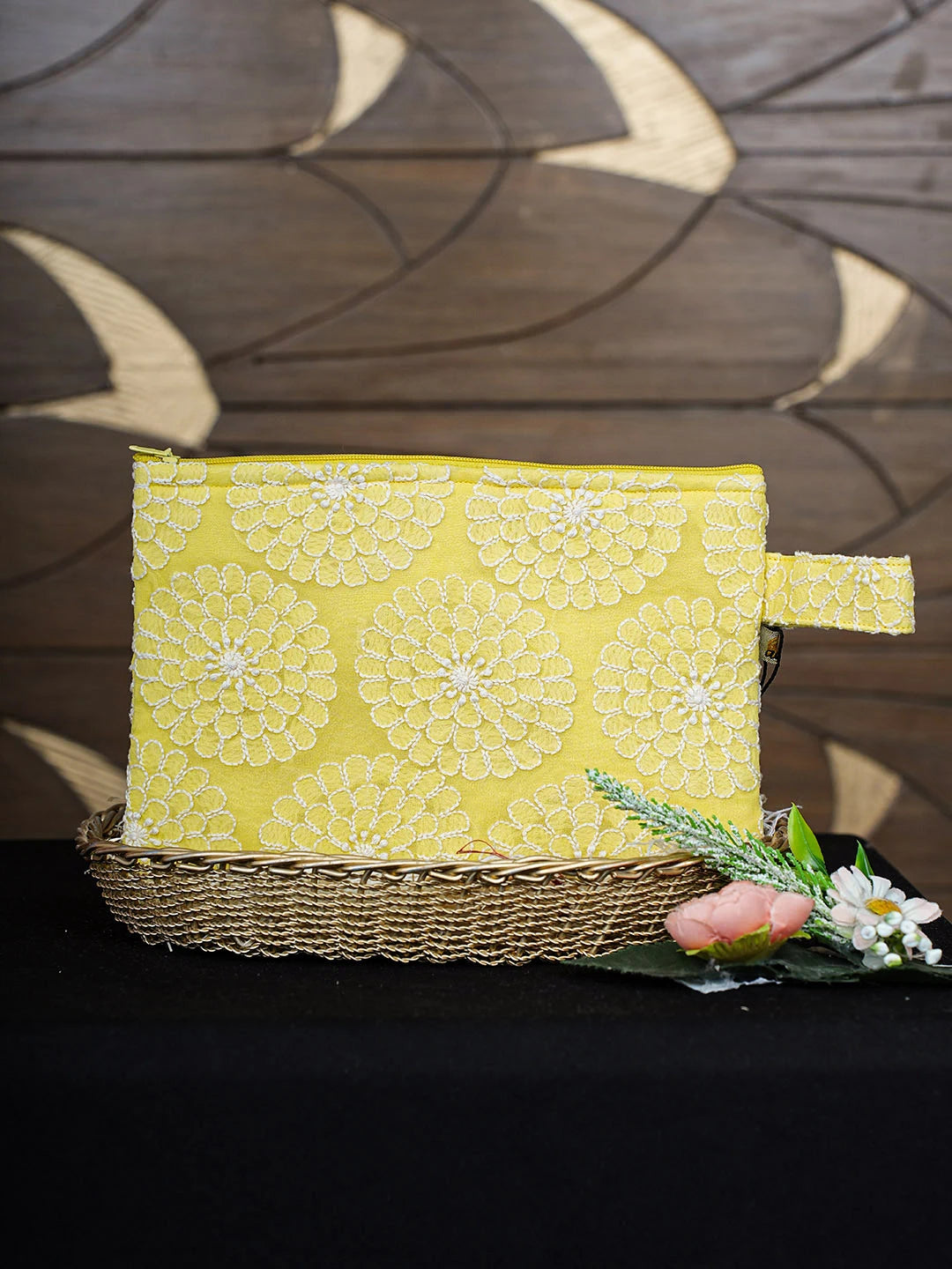 Ada Hand Embroidered Lemon Viscose Georgette Lucknowi Chikankari Pouch 01A935790