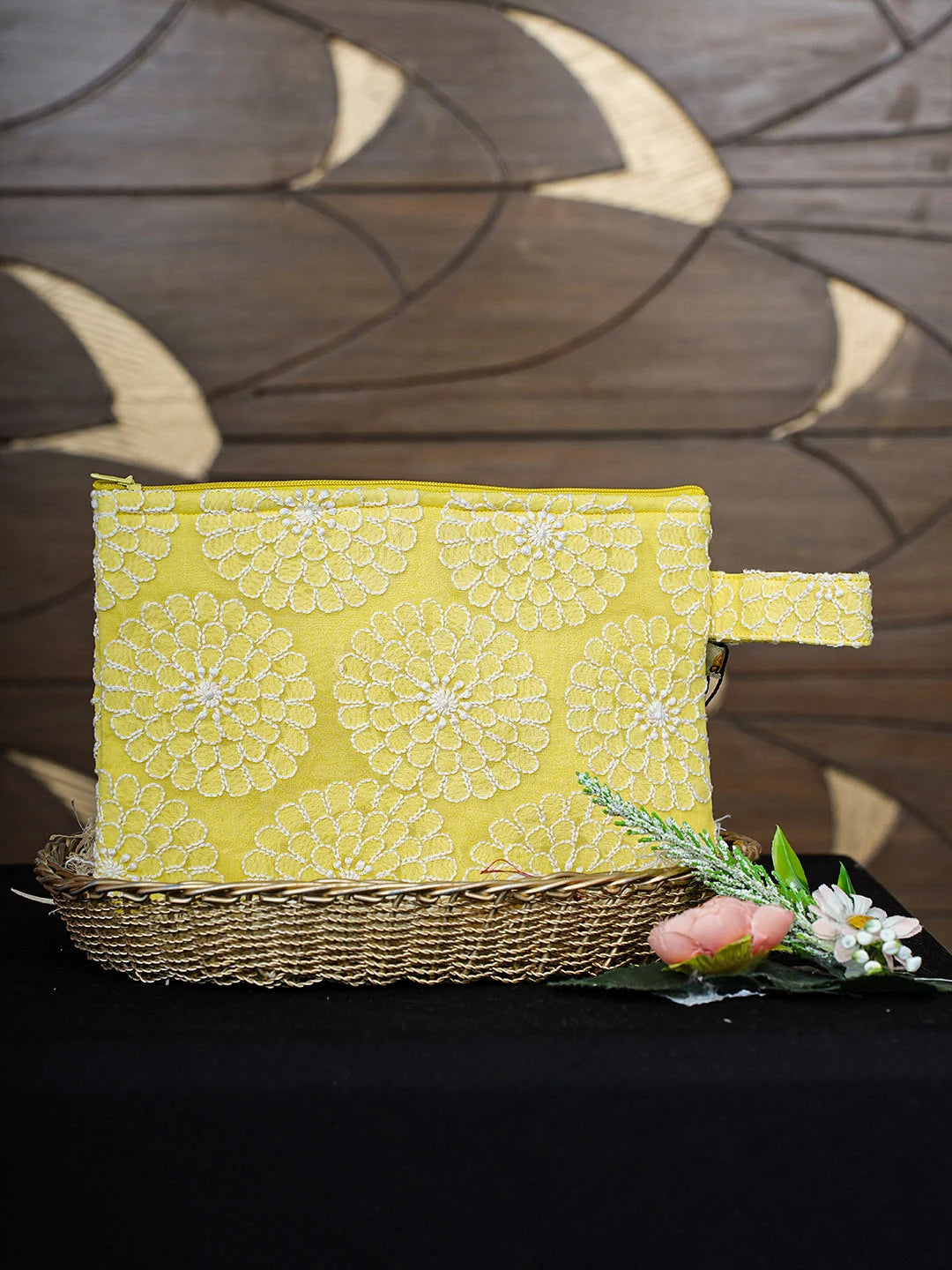 Ada Hand Embroidered Lemon Viscose Georgette Lucknowi Chikankari Pouch 01A935790