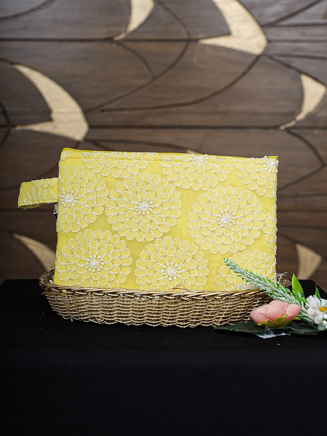 Ada Hand Embroidered Lemon Viscose Georgette Lucknowi Chikankari Pouch 01A935790