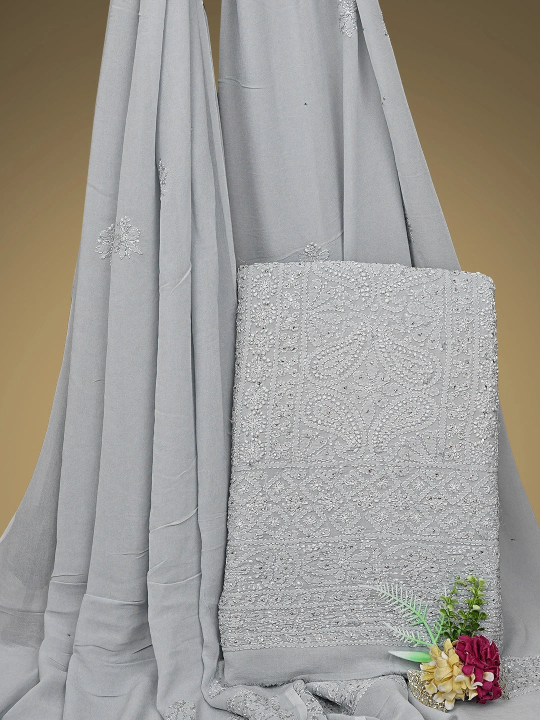 Ada Hand Embroidered Grey Viscose Georgette Lucknowi Chikankari Unstitched Kurta Dupatta Set With Muqaish Work 01A893360