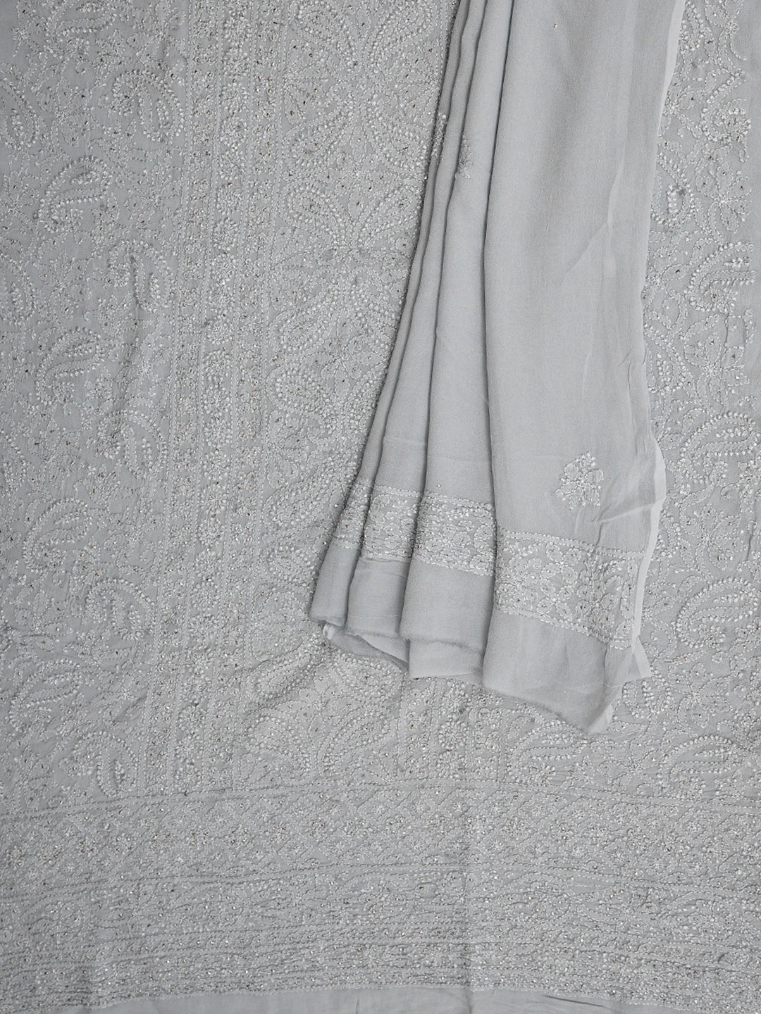 Ada Hand Embroidered Grey Viscose Georgette Lucknowi Chikankari Unstitched Kurta Dupatta Set With Muqaish Work 01A893360