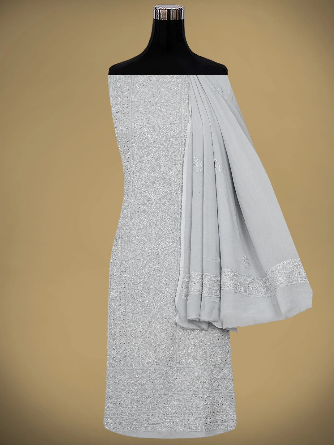 Ada Hand Embroidered Grey Viscose Georgette Lucknowi Chikankari Unstitched Kurta Dupatta Set With Muqaish Work 01A893360