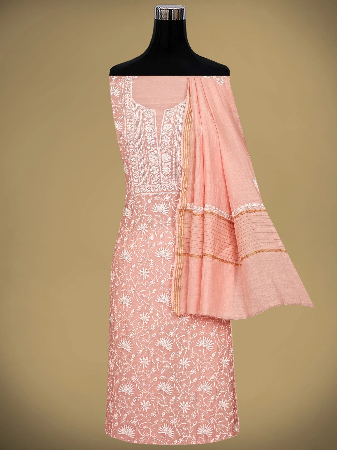 Ada Hand Embroidered Pink Chanderi Lucknowi Chikankari Unstitched Kurta Dupatta Set With Cutdana Work 01A943604