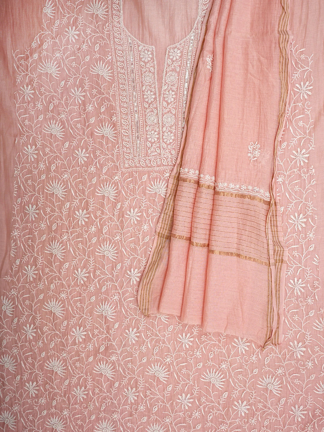 Ada Hand Embroidered Pink Chanderi Lucknowi Chikankari Unstitched Kurta Dupatta Set With Cutdana Work 01A943604