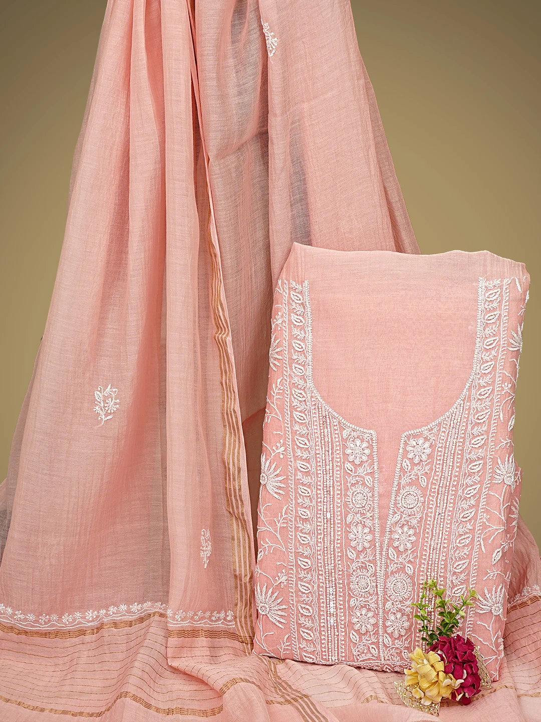 Ada Hand Embroidered Pink Chanderi Lucknowi Chikankari Unstitched Kurta Dupatta Set With Cutdana Work 01A943604