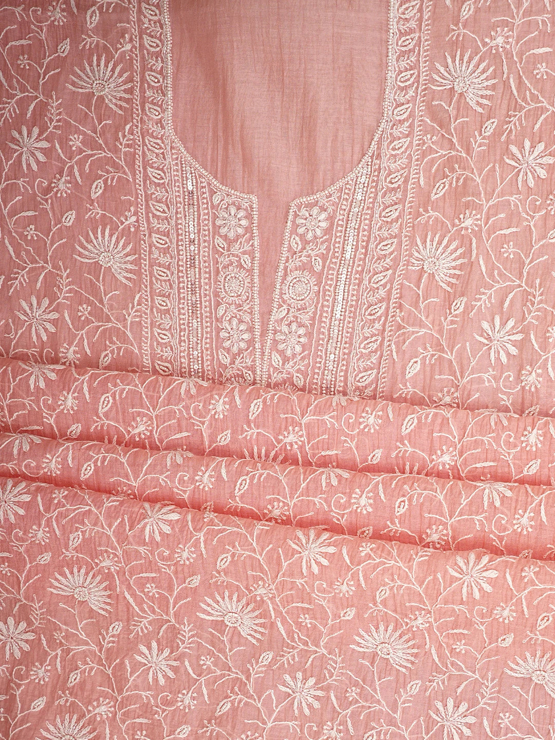 Ada Hand Embroidered Pink Chanderi Lucknowi Chikankari Unstitched Kurta Dupatta Set With Cutdana Work 01A943604