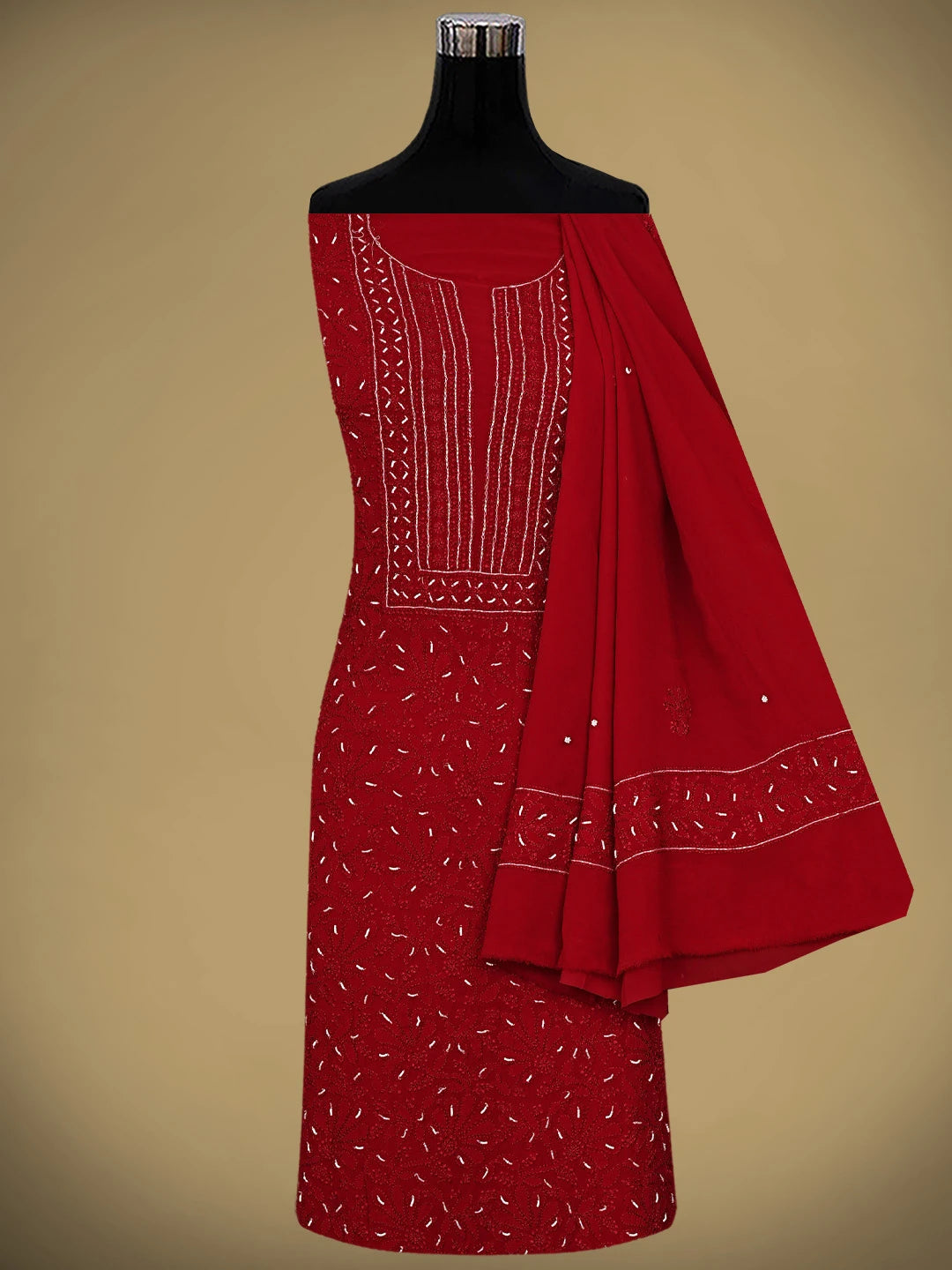 Ada Hand Embroidered Red Viscose Georgette Lucknowi Chikankari Unstitched Kurta Dupatta Set With Pearl Work 01A944820
