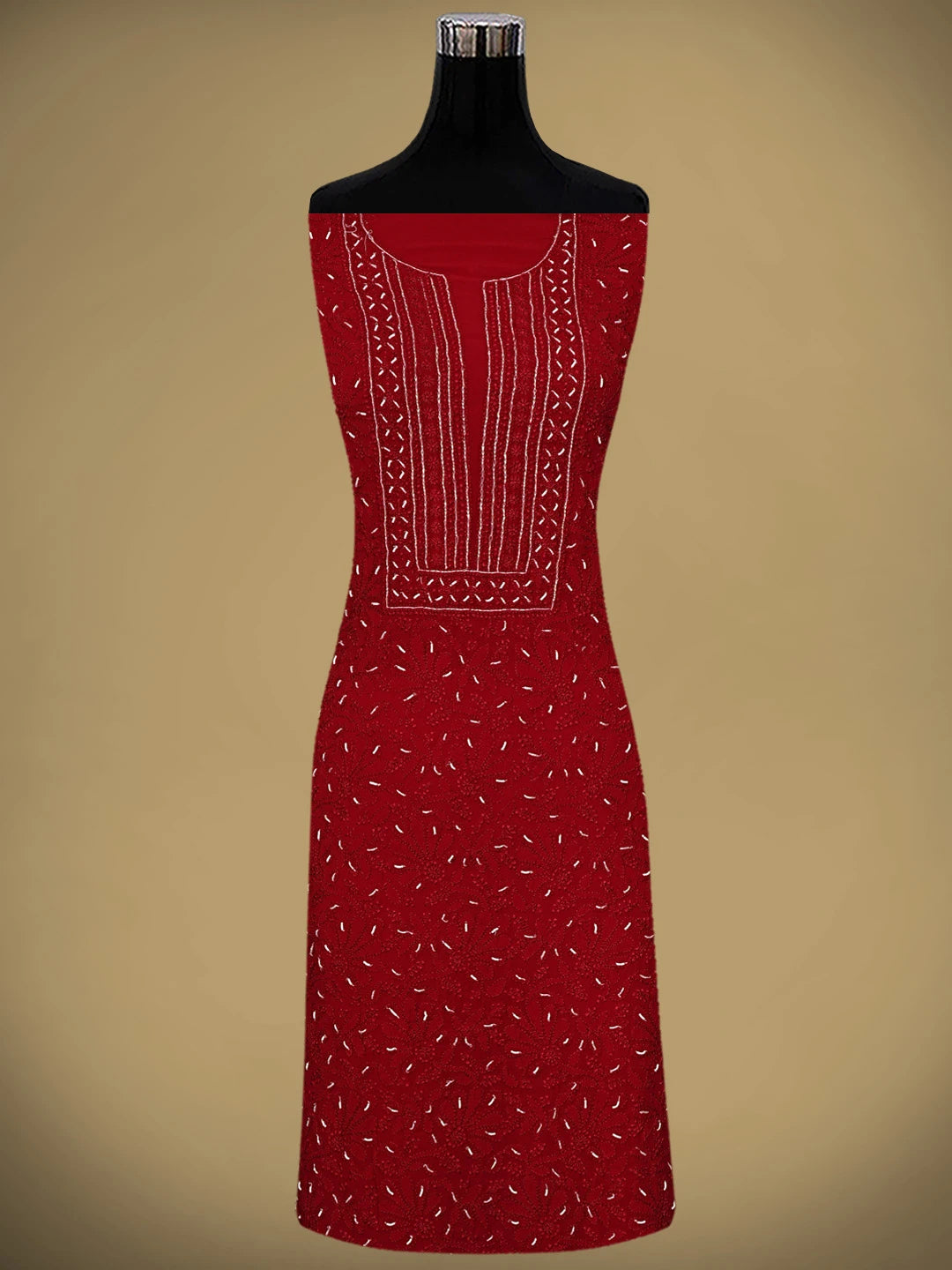 Ada Hand Embroidered Red Viscose Georgette Lucknowi Chikankari Unstitched Kurta Dupatta Set With Pearl Work 01A944820