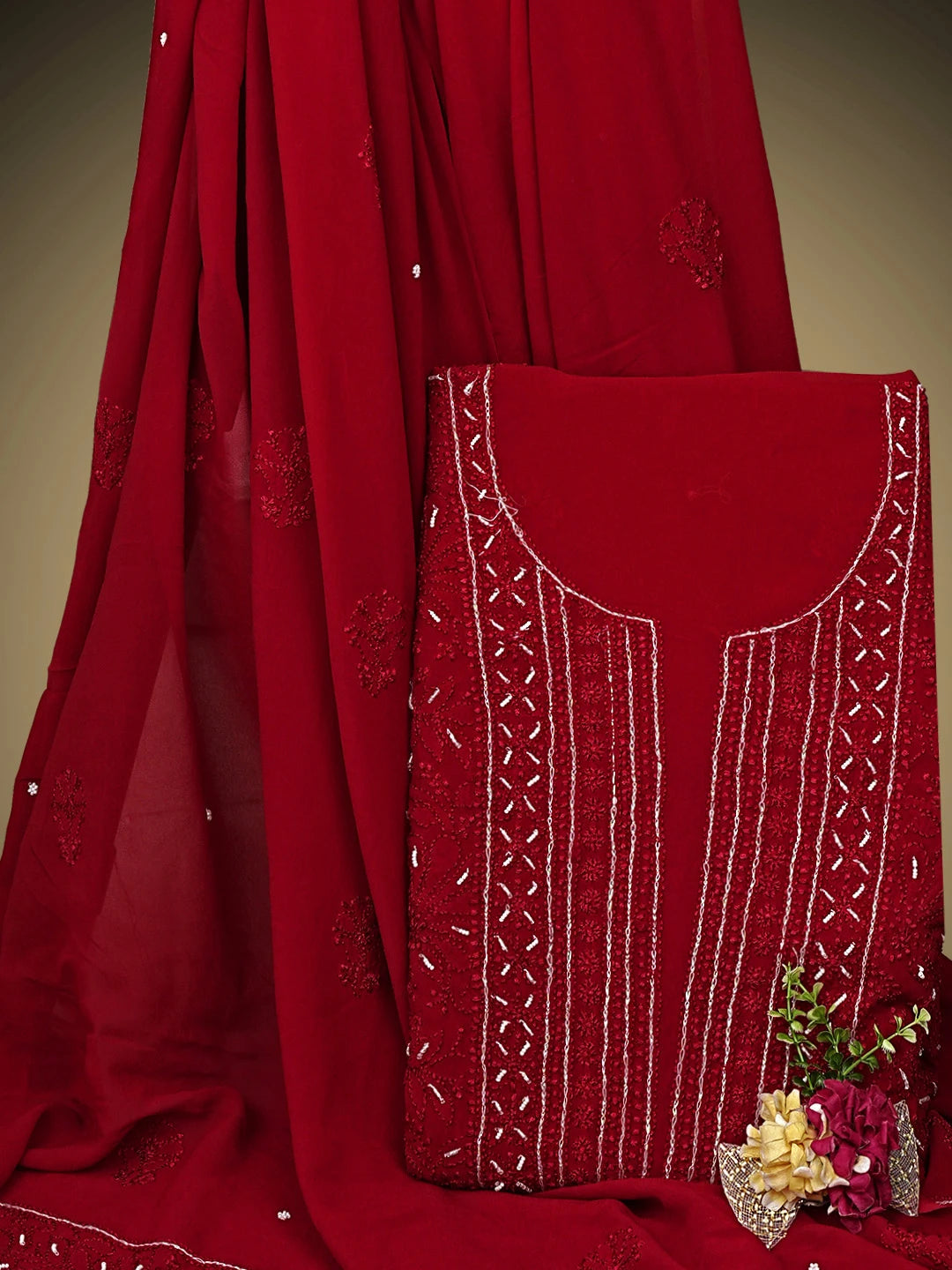 Ada Hand Embroidered Red Viscose Georgette Lucknowi Chikankari Unstitched Kurta Dupatta Set With Pearl Work 01A944820