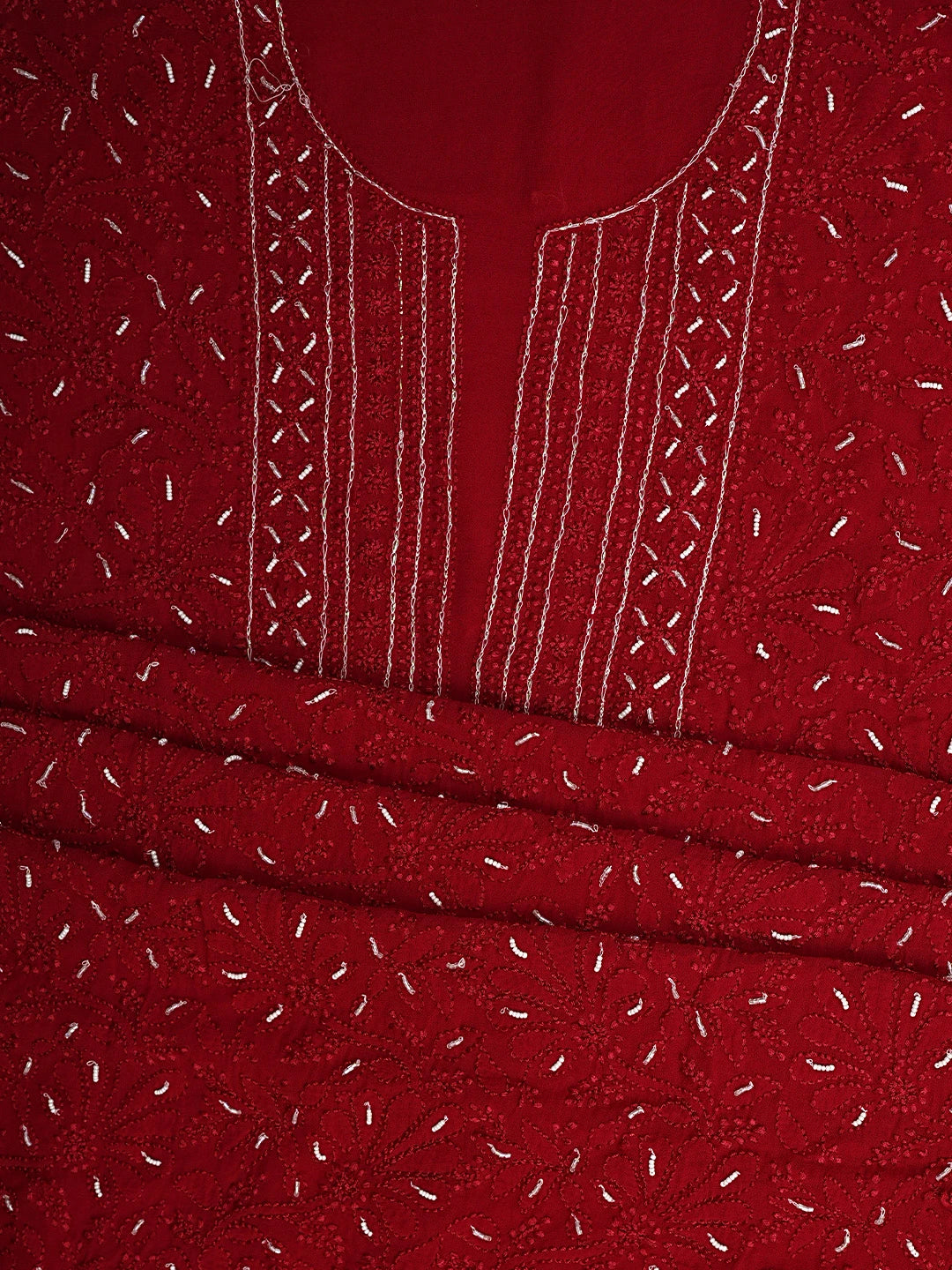 Ada Hand Embroidered Red Viscose Georgette Lucknowi Chikankari Unstitched Kurta Dupatta Set With Pearl Work 01A944820