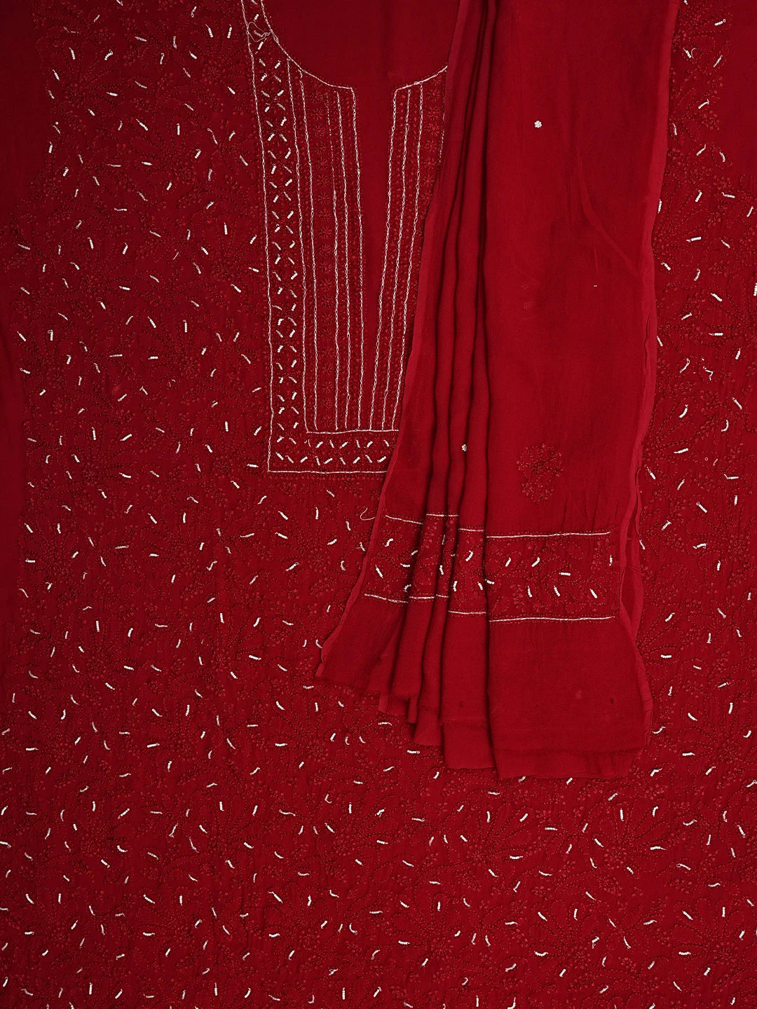 Ada Hand Embroidered Red Viscose Georgette Lucknowi Chikankari Unstitched Kurta Dupatta Set With Pearl Work 01A944820