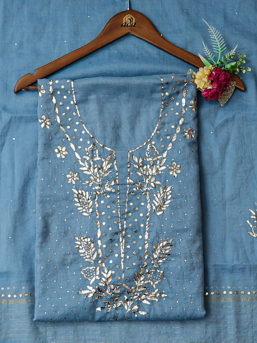 Ada Hand Embroidered Blue Chanderi Unstitched Kurta Dupatta Set With Muqaish/Mukaish Work 01A911293