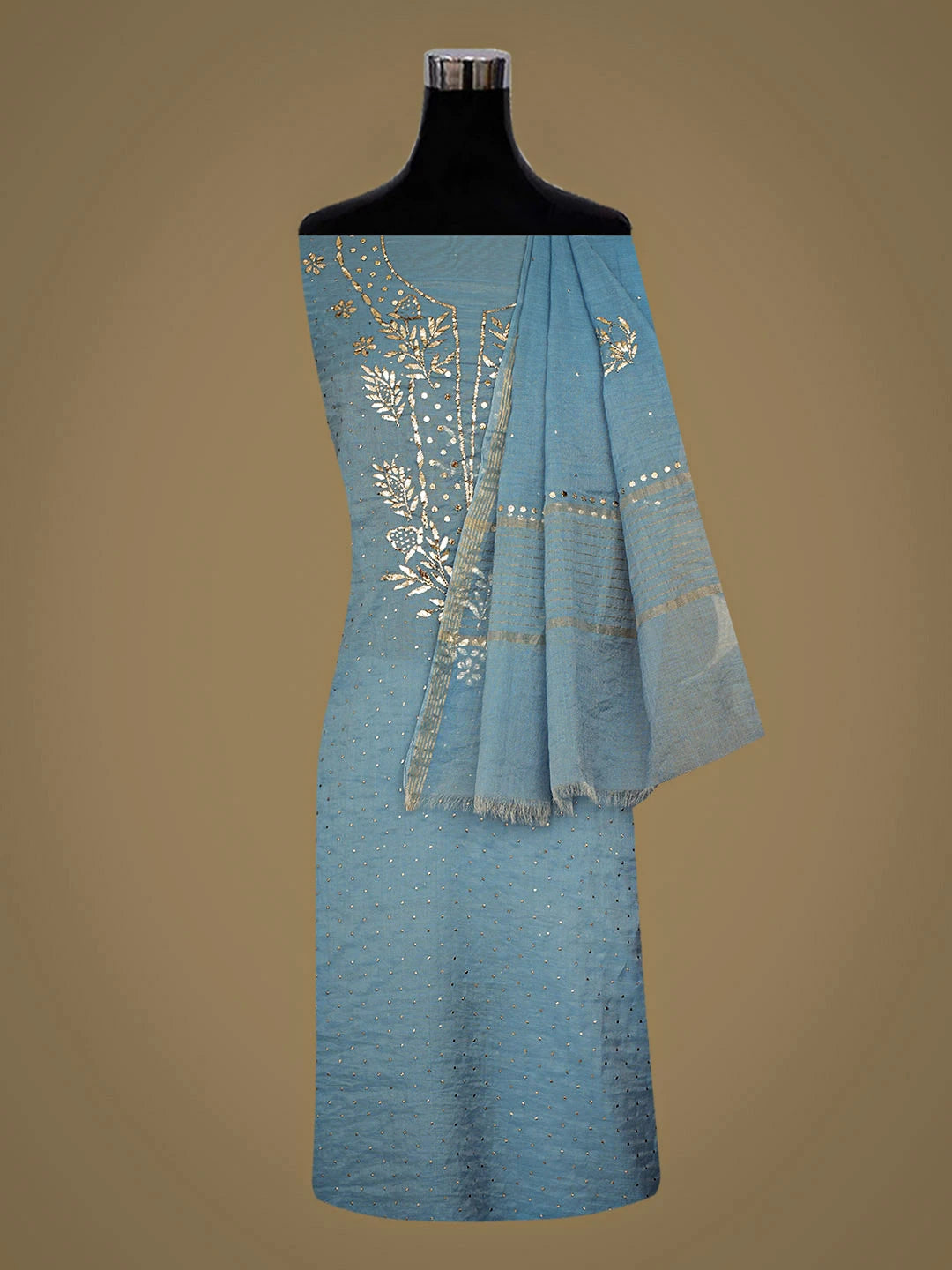 Ada Hand Embroidered Blue Chanderi Unstitched Kurta Dupatta Set With Muqaish/Mukaish Work 01A911293