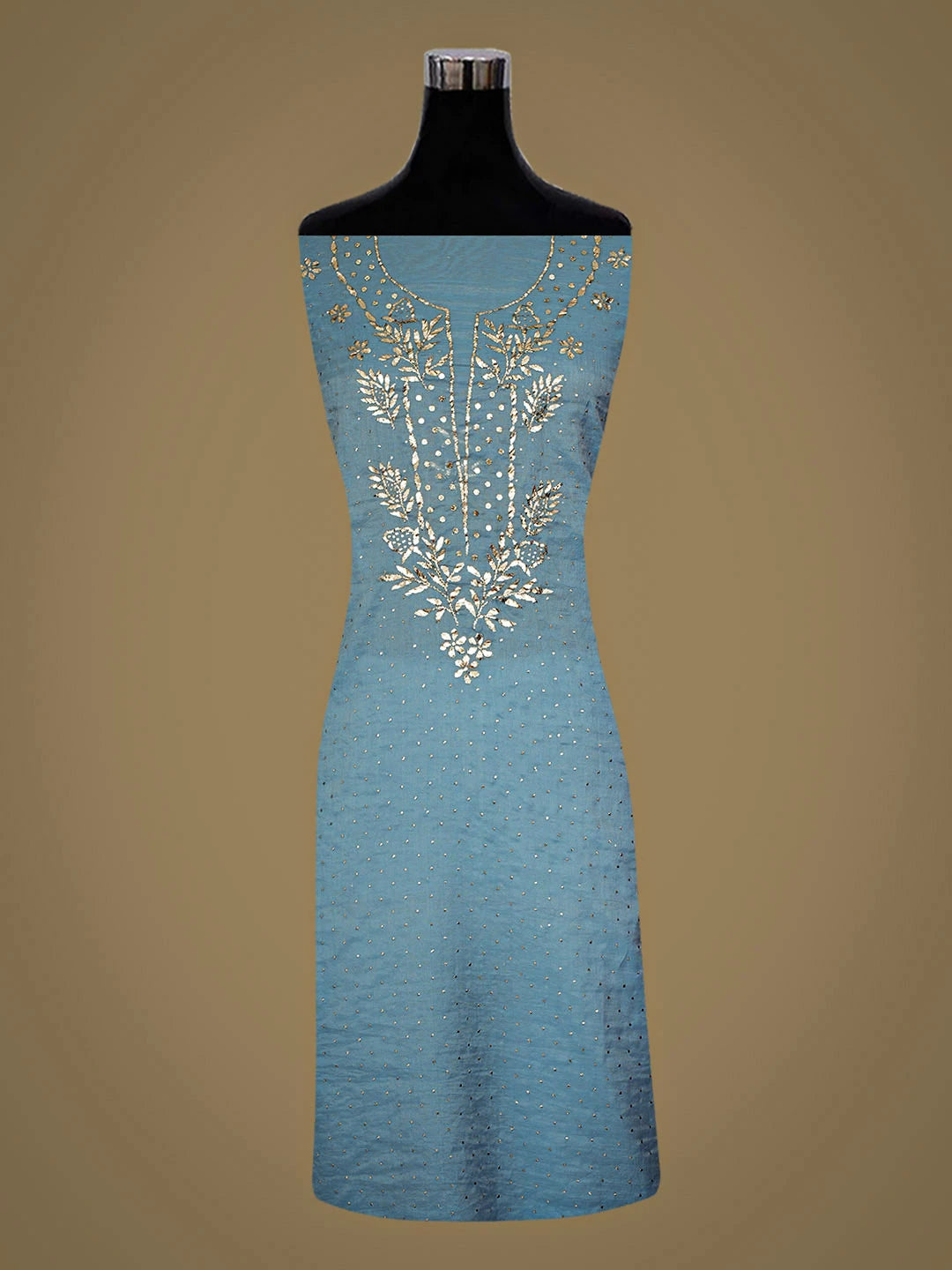 Ada Hand Embroidered Blue Chanderi Unstitched Kurta Dupatta Set With Muqaish/Mukaish Work 01A911293