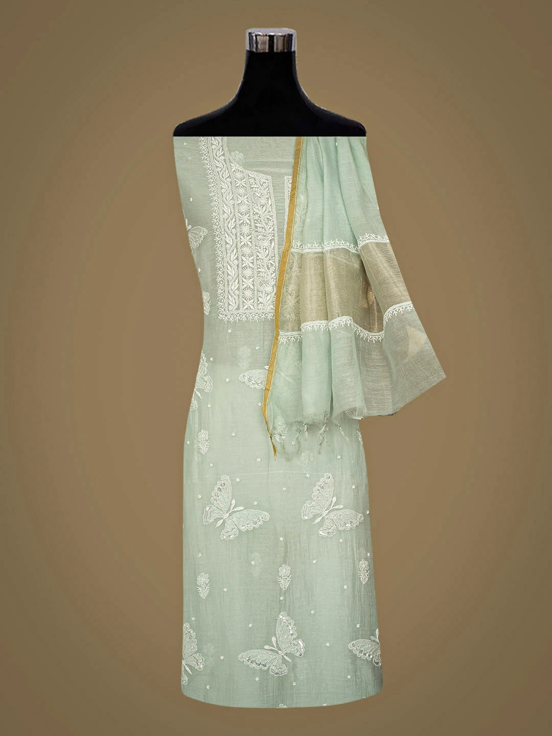 Ada Hand Embroidered Sea Green Chanderi Lucknowi Chikankari Unstitched Kurta Dupatta Set With Cutdana Work 01A935246