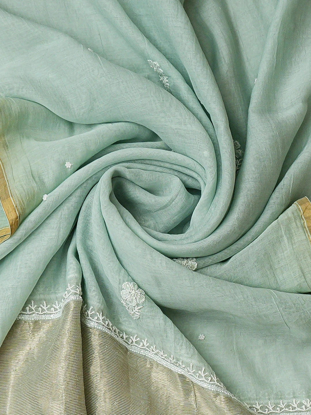 Ada Hand Embroidered Sea Green Chanderi Lucknowi Chikankari Unstitched Kurta Dupatta Set With Cutdana Work 01A935246