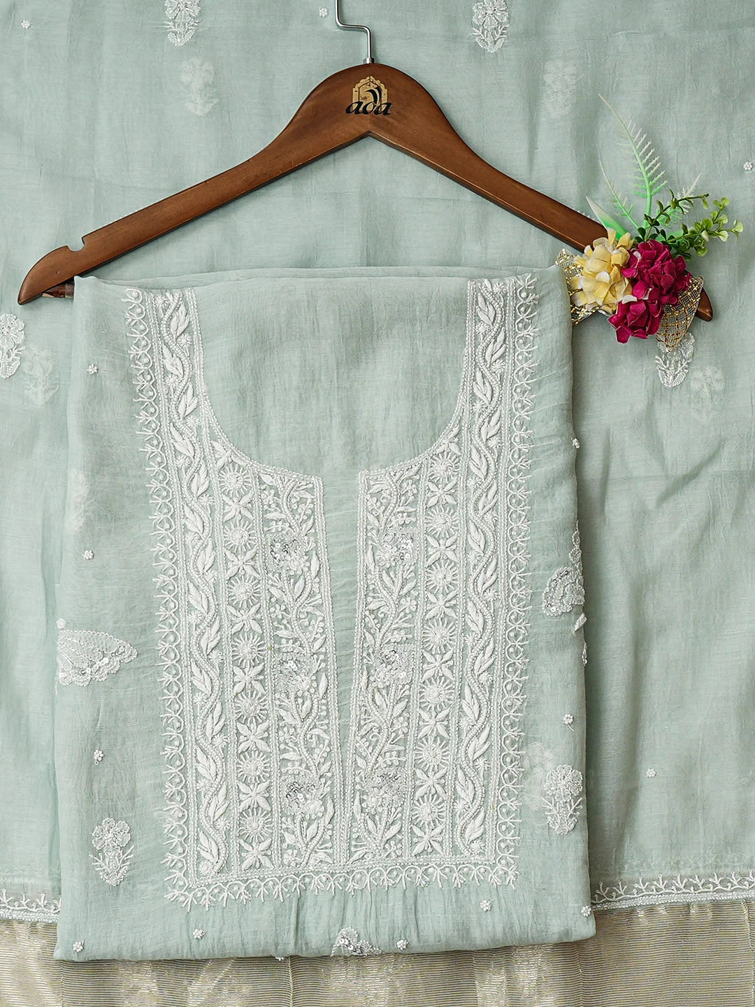Ada Hand Embroidered Sea Green Chanderi Lucknowi Chikankari Unstitched Kurta Dupatta Set With Cutdana Work 01A935246
