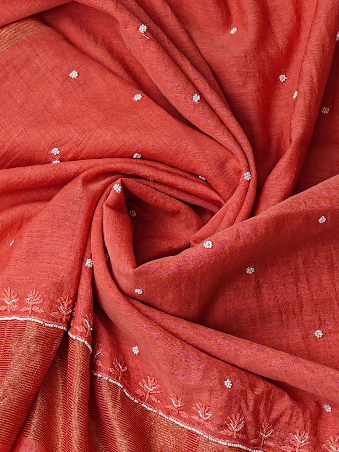 Ada Hand Embroidered Peach Chanderi Lucknowi Chikankari Unstitched Kurta Dupatta Set With Pearl Work 01A916717