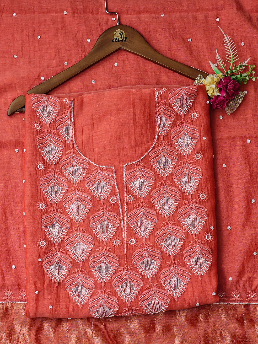 Ada Hand Embroidered Peach Chanderi Lucknowi Chikankari Unstitched Kurta Dupatta Set With Pearl Work 01A916717