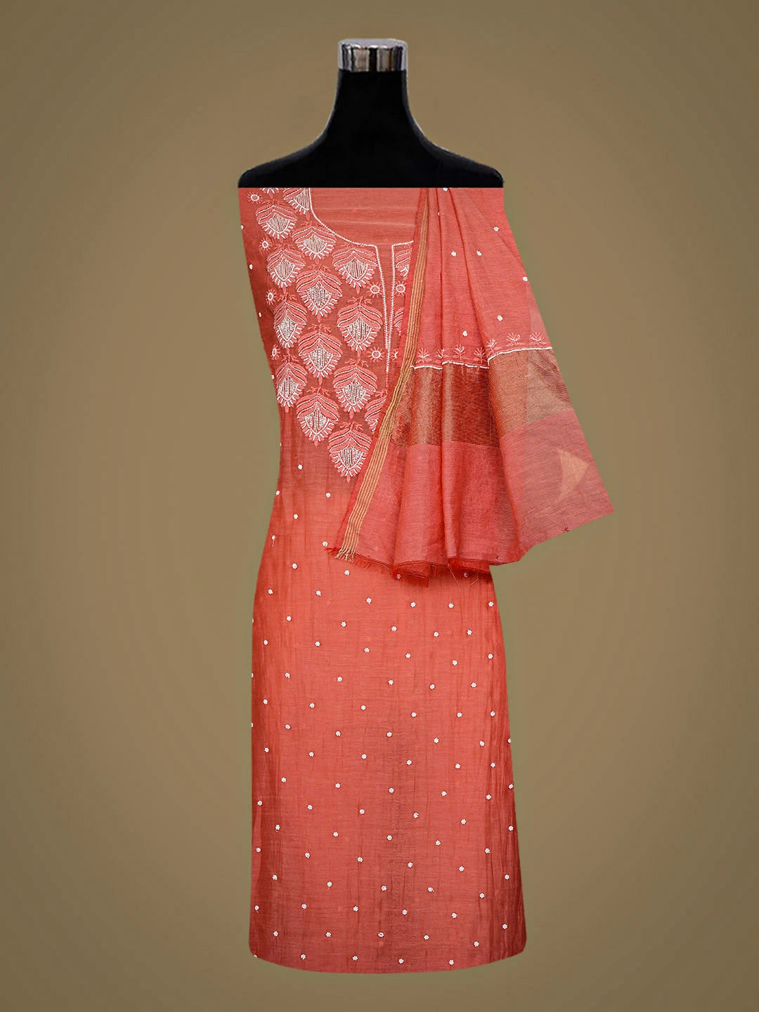 Ada Hand Embroidered Peach Chanderi Lucknowi Chikankari Unstitched Kurta Dupatta Set With Pearl Work 01A916717