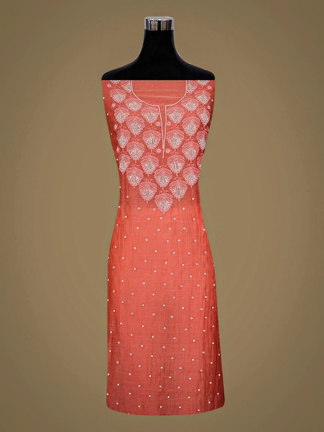 Ada Hand Embroidered Peach Chanderi Lucknowi Chikankari Unstitched Kurta Dupatta Set With Pearl Work 01A916717
