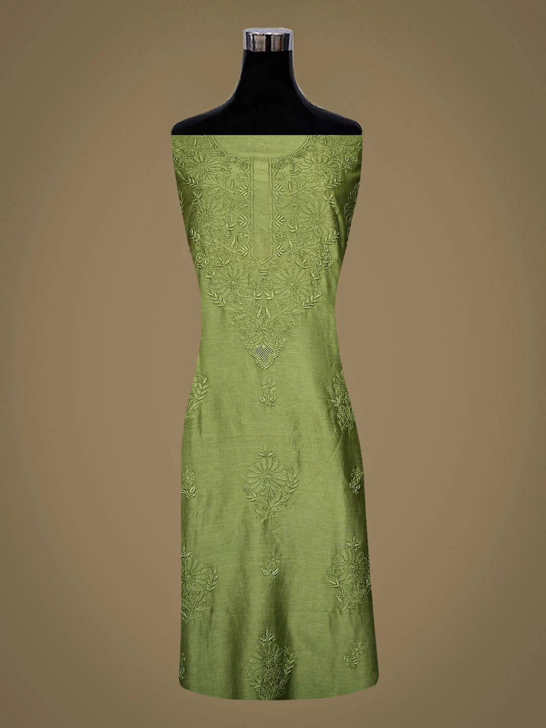 Ada Hand Embroidered Green Chanderi Lucknowi Chikankari Unstitched Kurta Dupatta Set 01A932529