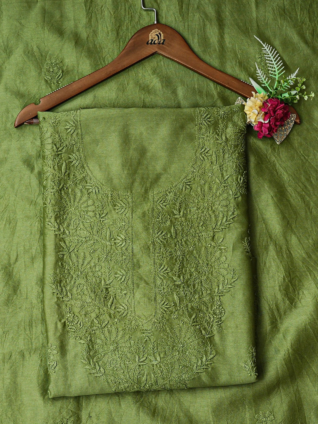 Ada Hand Embroidered Green Chanderi Lucknowi Chikankari Unstitched Kurta Dupatta Set 01A932529