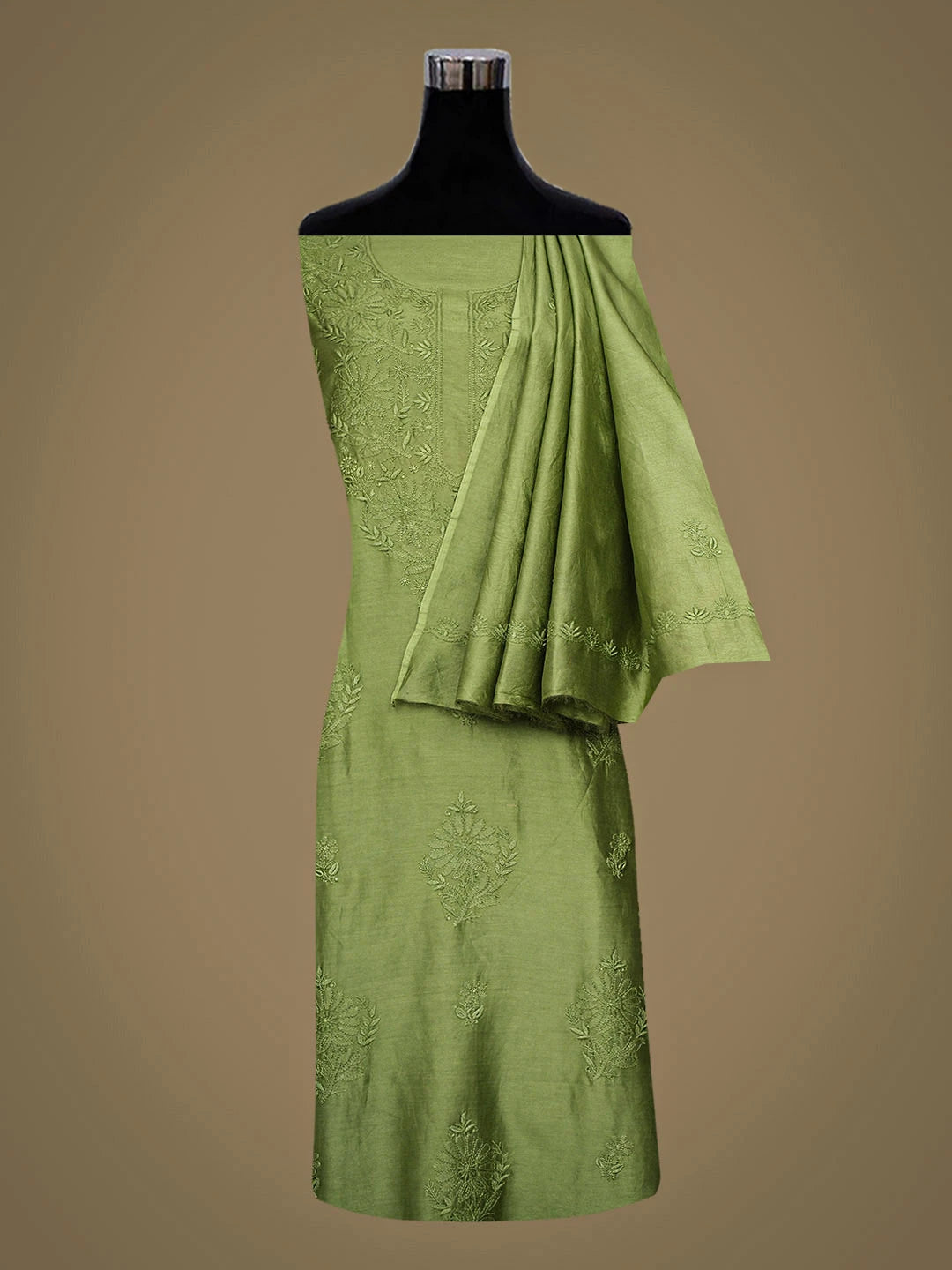 Ada Hand Embroidered Green Chanderi Lucknowi Chikankari Unstitched Kurta Dupatta Set 01A932529